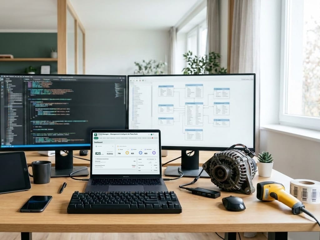 Biroul unei echipe de programatori: două monitoare cu cod, un laptop cu TitanManager deschis, un alternator, un cititor de coduri de bare și o rolă de etichete