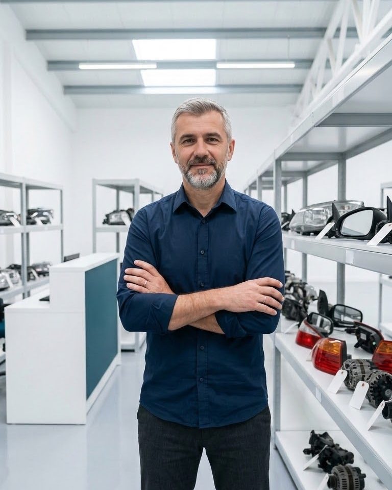 Proprietarul unui parc de dezmembrări, în showroom, în fața rafturilor cu piese